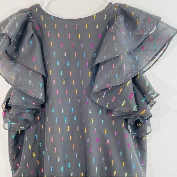 Amanda Uprichard Sycamore Black Multicolor Metallic Flutter Sleeve Bodysuit Med - Picture 13 of 15